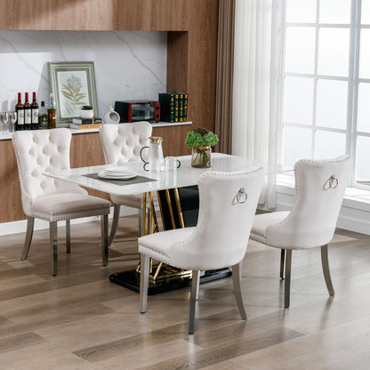 Nikki - Modern, High-End Tufted Solid Wood Contemporary Velvet Upholstered Dining Chair With Chrome Stainless Steel Plating Legs, Nailhead Trim (Set of 2) - Beige
