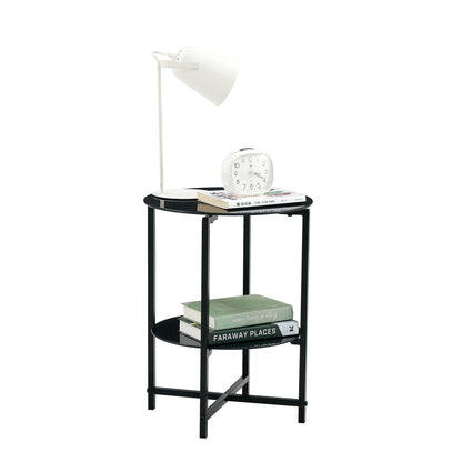 Tempered Glass End Table (Set of 2), Round Coffee Table For Bedroom Living Room Office - Black