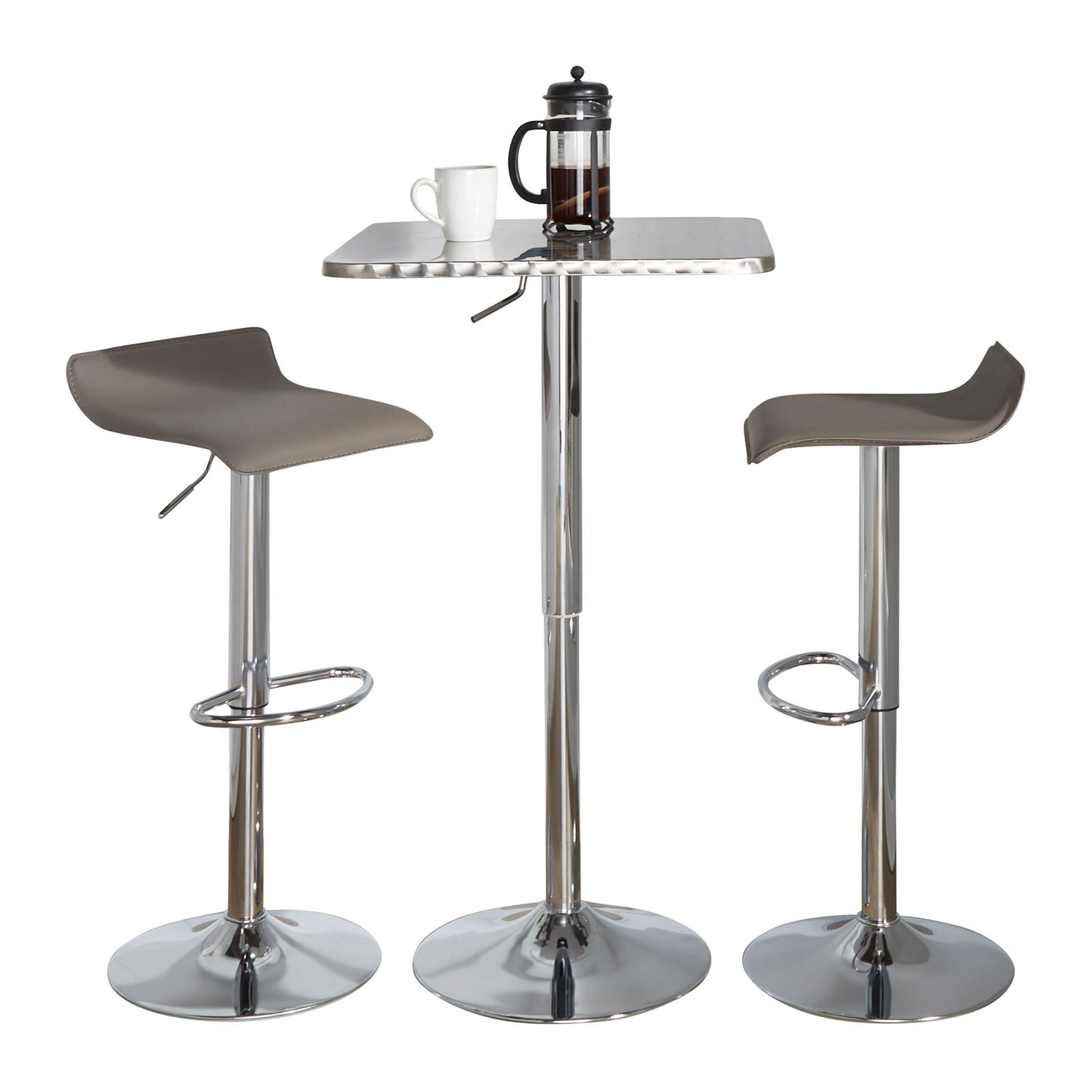 Ale - 3 Piece Bar Set Bistro Square Contemporary Adjustable Oval Footrest - Silver / Chrome / Gray