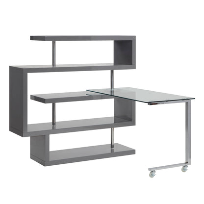 Buck II - Clear Glass, Chrome High Gloss Writing Desk With Shelf - Gray