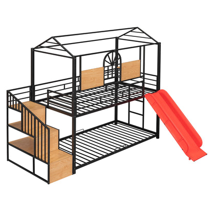 Twin Over Twin Bunk Bed, Housebed With Slide And Storage Stair - Black / Red