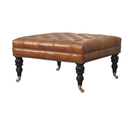Buffalo - Studded Leather Ottoman With Castor Legs - Tan