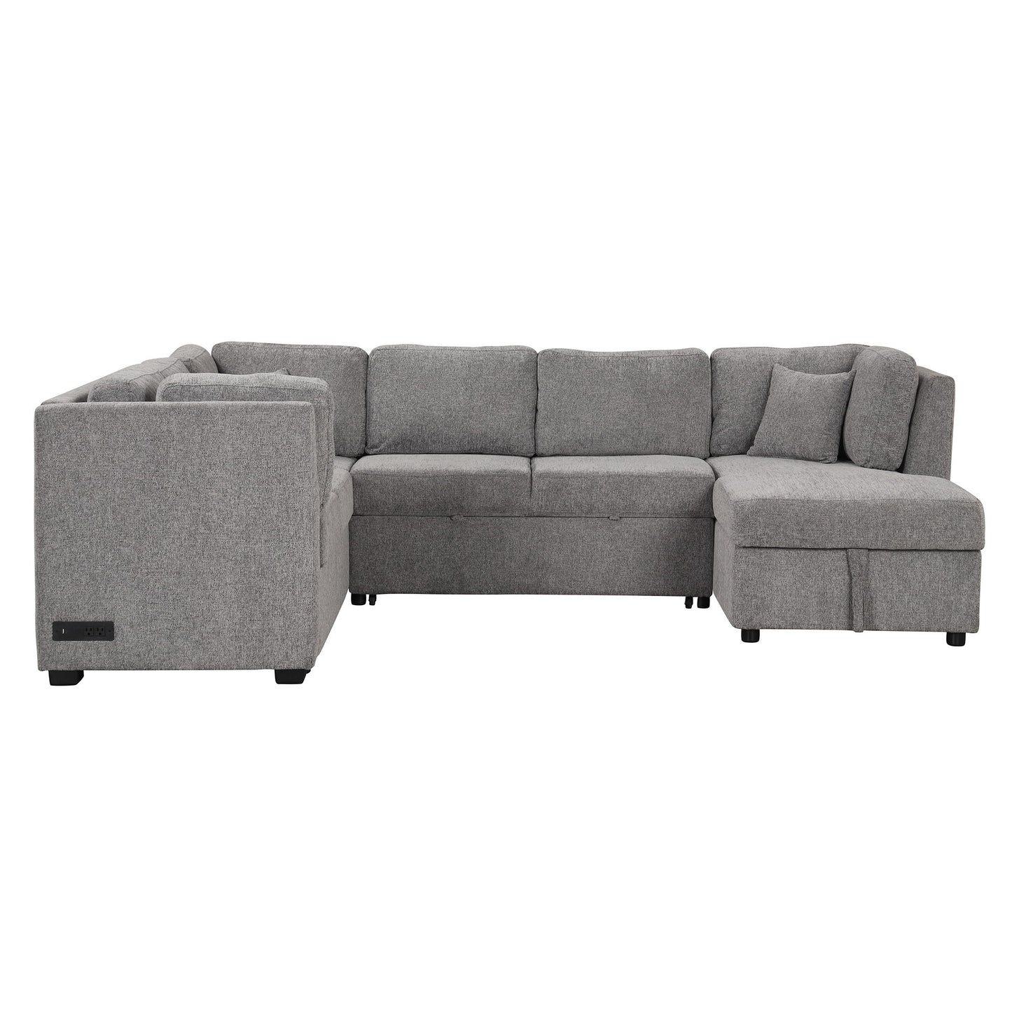 U-Shaped Sectional Sofa Pull Out Sofa Bed With Two USB Ports, Two Power Sockets, Three Back Pillows And A Storage Chaise For Living Room - Light Gray