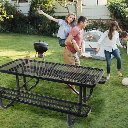 Outdoor Steel Picnic Rectangular Table With Umbrella Pole - Black