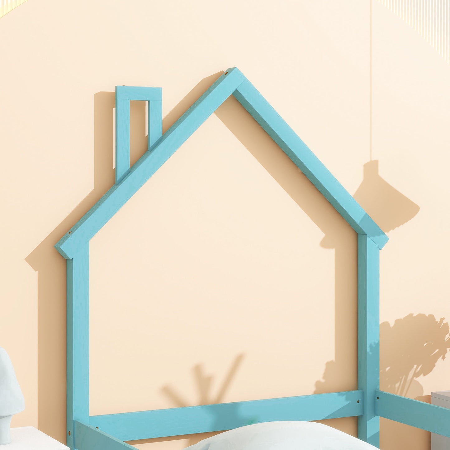 Twin Size Wood Bed With House-Shaped Headboard Floor Bed With Fences - Light Blue