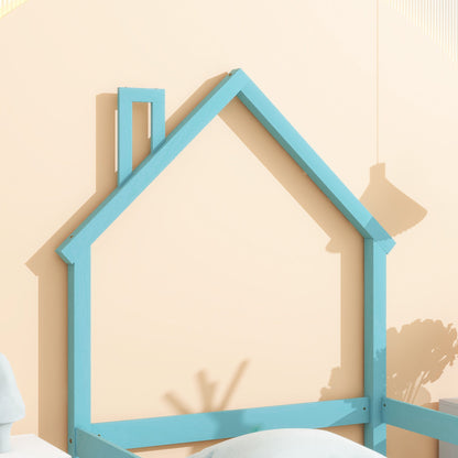 Twin Size Wood Bed With House-Shaped Headboard Floor Bed With Fences - Light Blue
