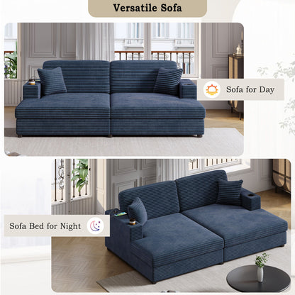 Oversized Loveseat Chaise Lounge Sectional Sofa Bed Corduroy Sleeper Sofa With 2 USB Ports, 2 Cup Holders And 2 Throw Pillows For Living Room And Bedroom - Blue