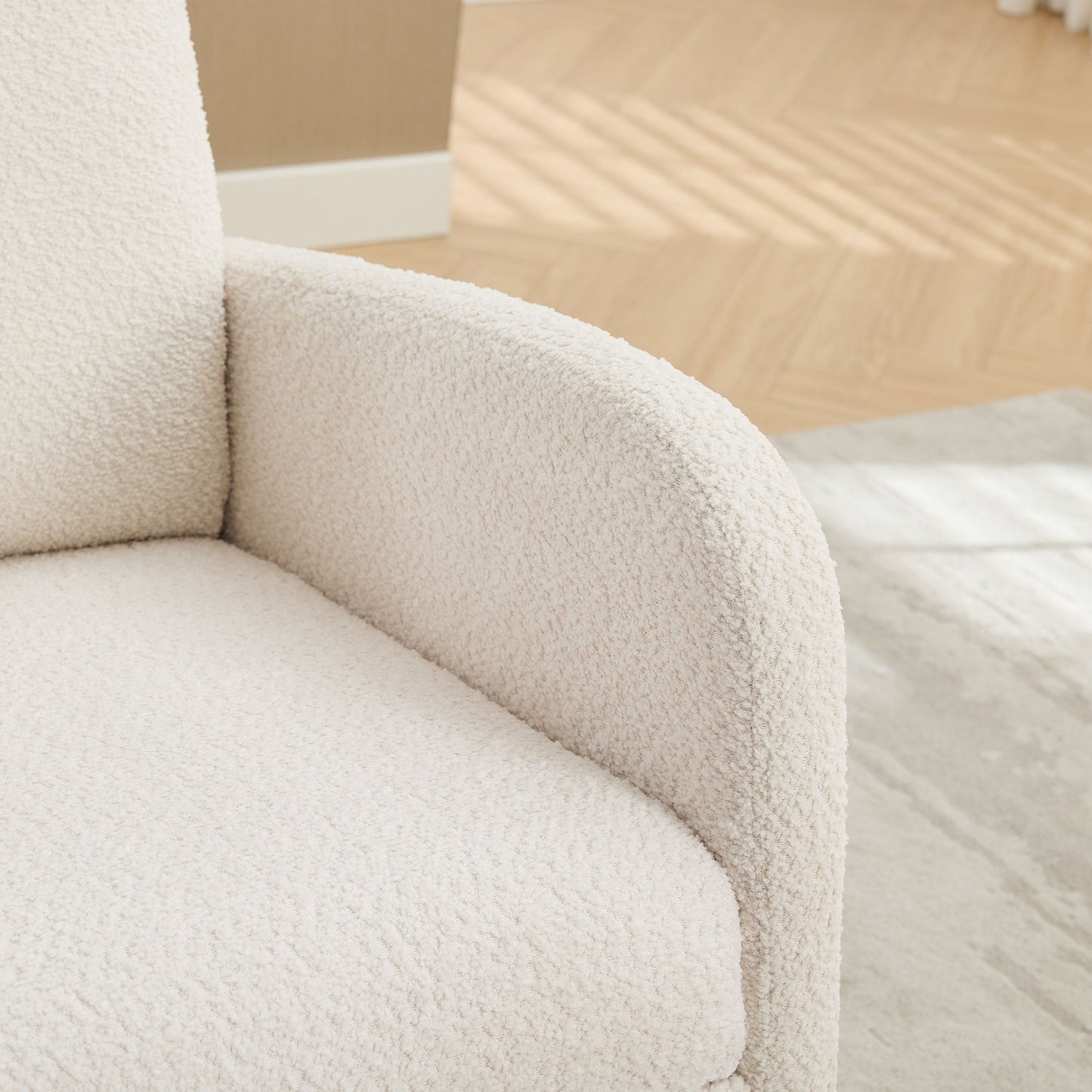 Rocking Chair For Nursery, High Back Glider With Retractable Footrest, Boucle Upholstery, Rubber Wood Legs - Ivory