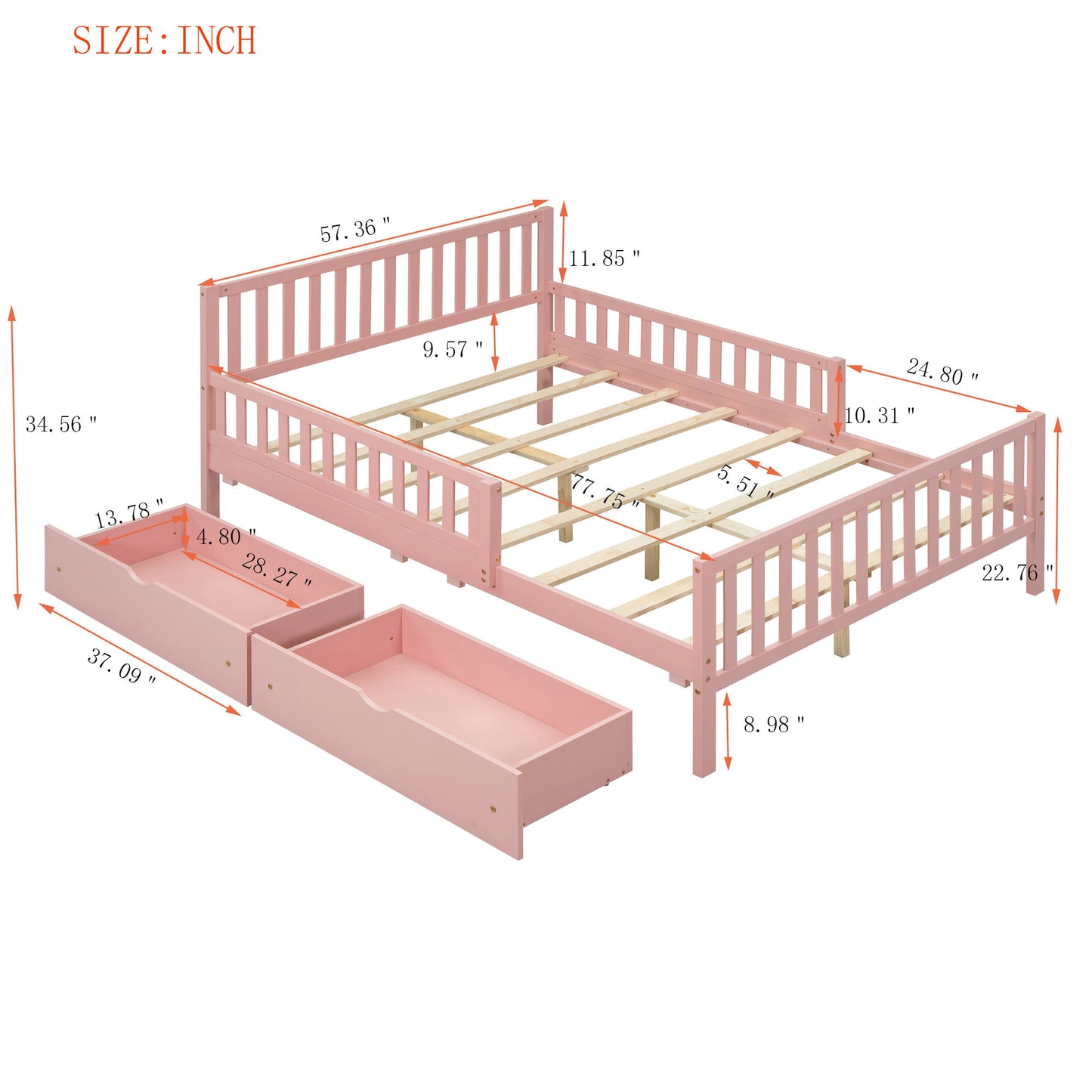 Full Size Platform Bed With Guardrails On Both Sides And 2 Storage Drawers - Pink