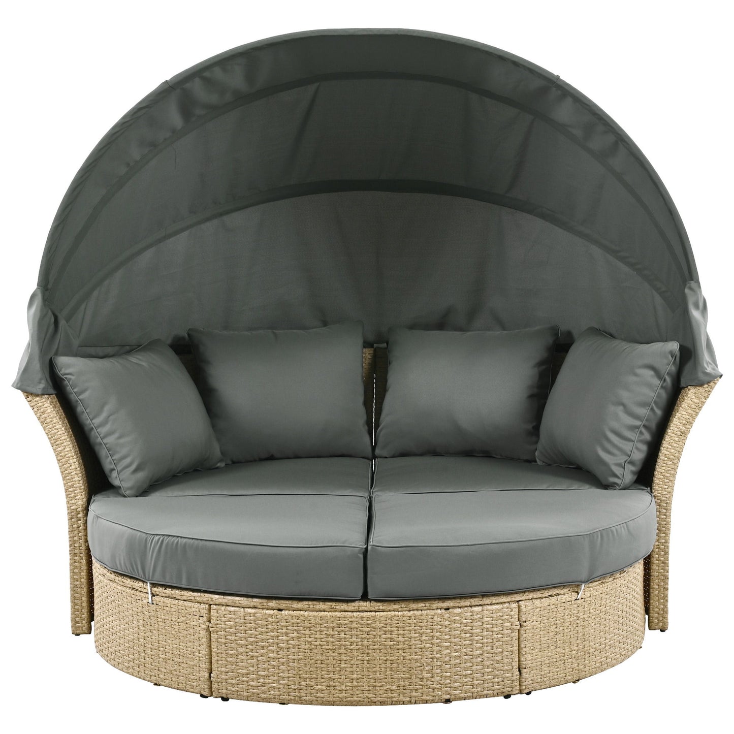 Outdoor Patio Daybed Wicker Rattan Double Daybed Round Sofa Furniture Set With Retractable Canopy, 4 Pillows For Lawn Garden Backyard Porch Pool - Gray