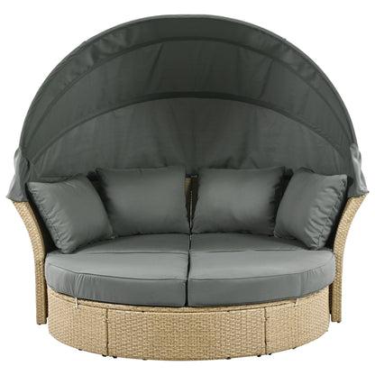Outdoor Patio Daybed Wicker Rattan Double Daybed Round Sofa Furniture Set With Retractable Canopy, 4 Pillows For Lawn Garden Backyard Porch Pool - Gray