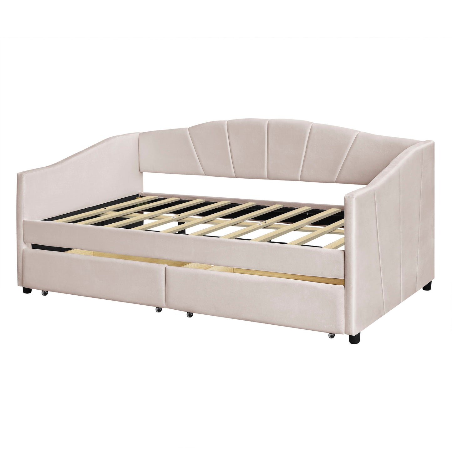 Twin Size Upholstered Daybed With Two Drawers And Slat - Beige