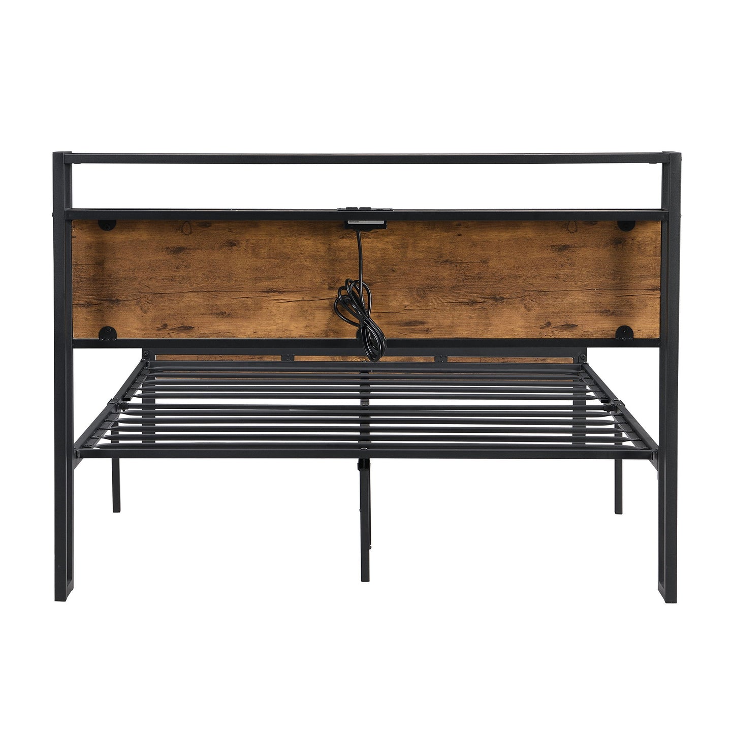Full Size Metal Platform Bed Frame With Wooden Headboard And Footboard With USB Liner, No Box Spring Needed, Large Under Bed Storage - Brown