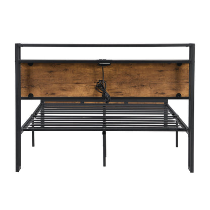 Full Size Metal Platform Bed Frame With Wooden Headboard And Footboard With USB Liner, No Box Spring Needed, Large Under Bed Storage - Brown