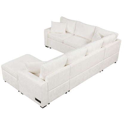 Sectional Sofa Pull-Out Sofa Bed Sleeper With A Storage Ottoman, Three Pillows And Charging Devices For Living Room - Cream