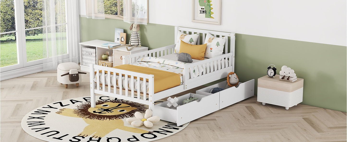 Twin Size Platform Bed With Guardrails On Both Sides And 2 Storage Drawers - White