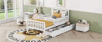 Twin Size Platform Bed With Guardrails On Both Sides And 2 Storage Drawers - White