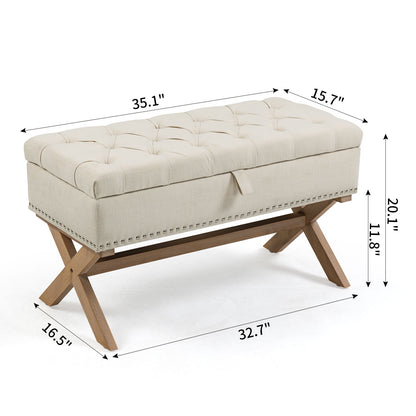Storage Ottoman, Button-Tufted Ottoman Linen Storage Bench, Ottoman With Storage - Light Beige