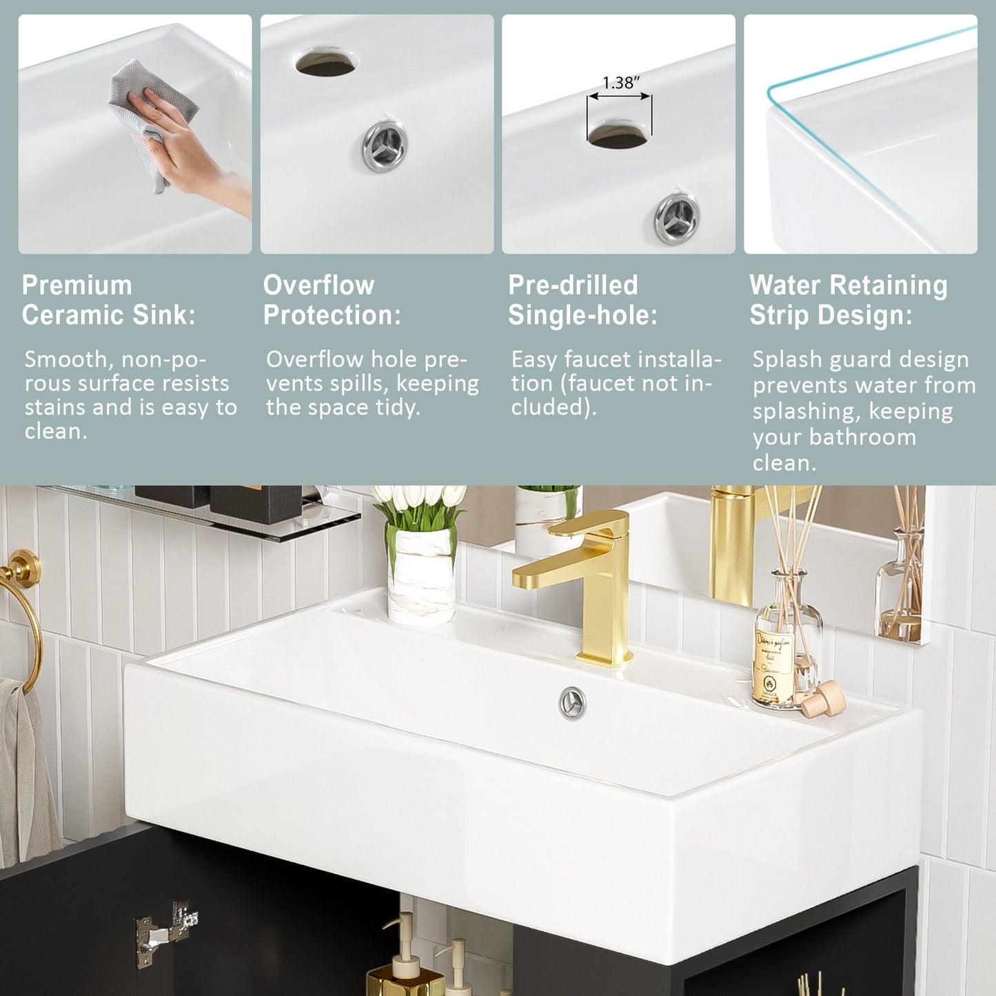 Bathroom Vanity, Combo Cabinet, Bathroom Storage Cabinet, Single Ceramic Sink, Right Side Storage - Black