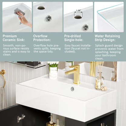 Bathroom Vanity, Combo Cabinet, Bathroom Storage Cabinet, Single Ceramic Sink, Right Side Storage - Black