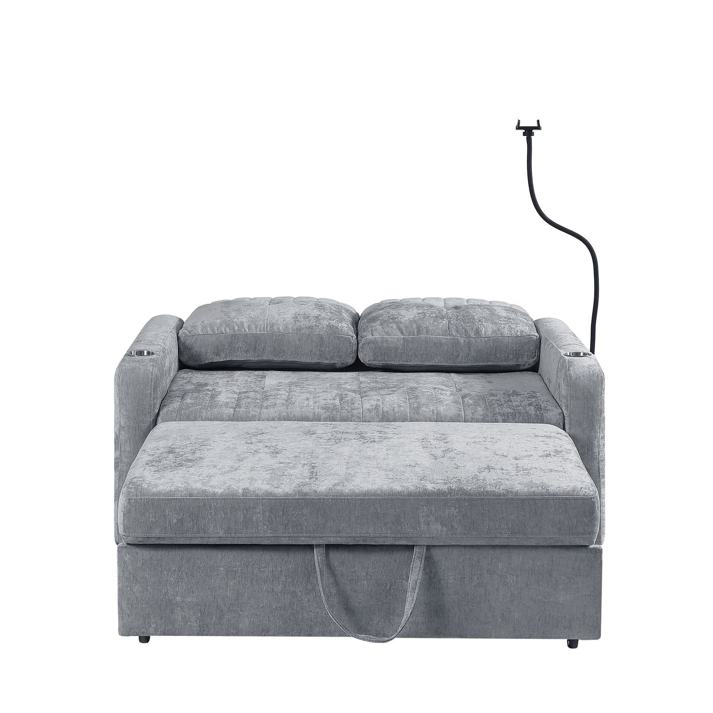 Modern Loveseat Pull Out Sofa Bed With Adjustable Backrest, Two Cup Holders, A Phone Holder, Three Charging Ports And Side Storage Pockets For Living Room - Gray