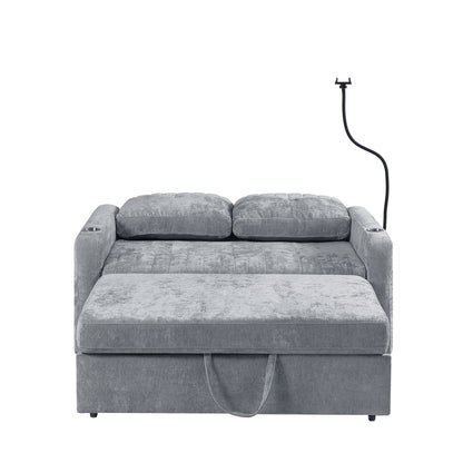 Modern Loveseat Pull Out Sofa Bed With Adjustable Backrest, Two Cup Holders, A Phone Holder, Three Charging Ports And Side Storage Pockets For Living Room - Gray