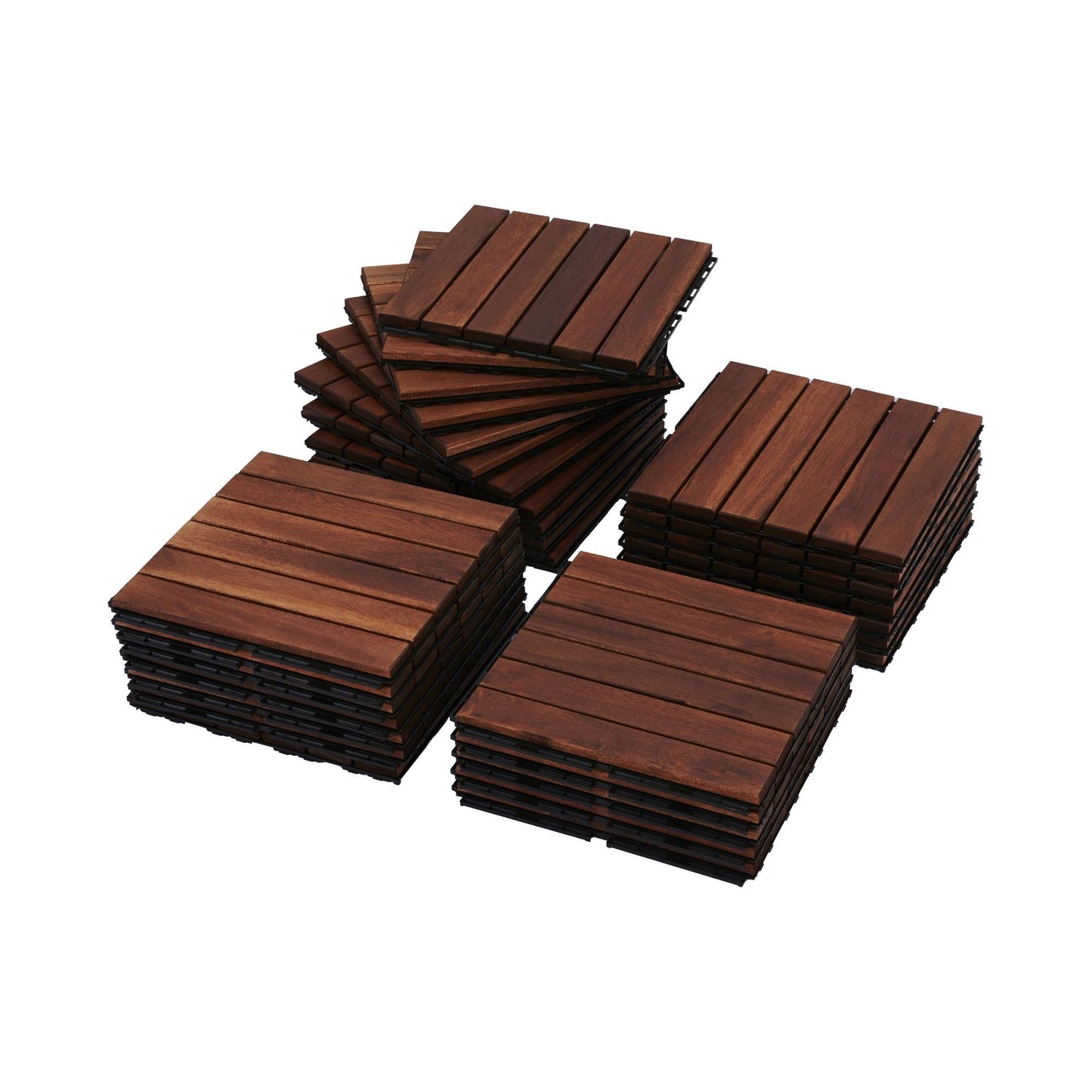 10 Piece Interlocking Deck Tiles Striped Pattern, Square Acacia Hardwood Outdoor Flooring For Patio, Bancony, Pool Side - Brown