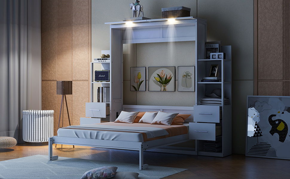 Queen Size Murphy Wall Bed With Shelves, Drawers And LED Lights - White