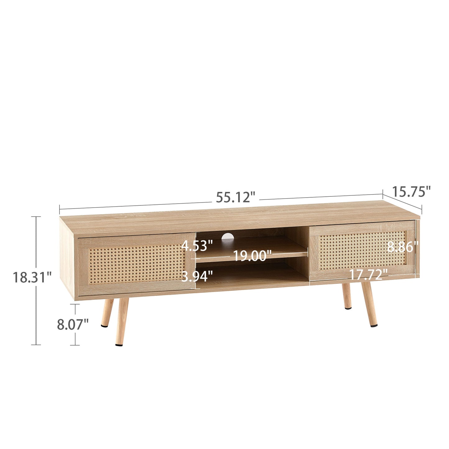 55.12" Rattan TV Cabinet, Double Sliding Doors For Storage, Adjustable Shelf, Solid Wood Legs, TV Console For Living Room - Natural