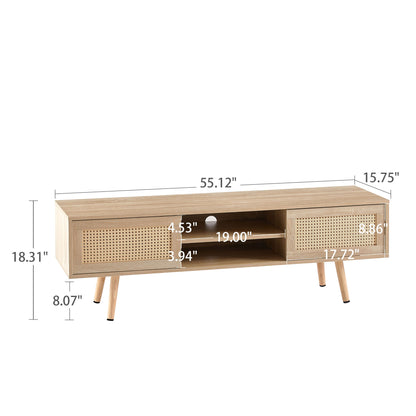 55.12" Rattan TV Cabinet, Double Sliding Doors For Storage, Adjustable Shelf, Solid Wood Legs, TV Console For Living Room - Natural