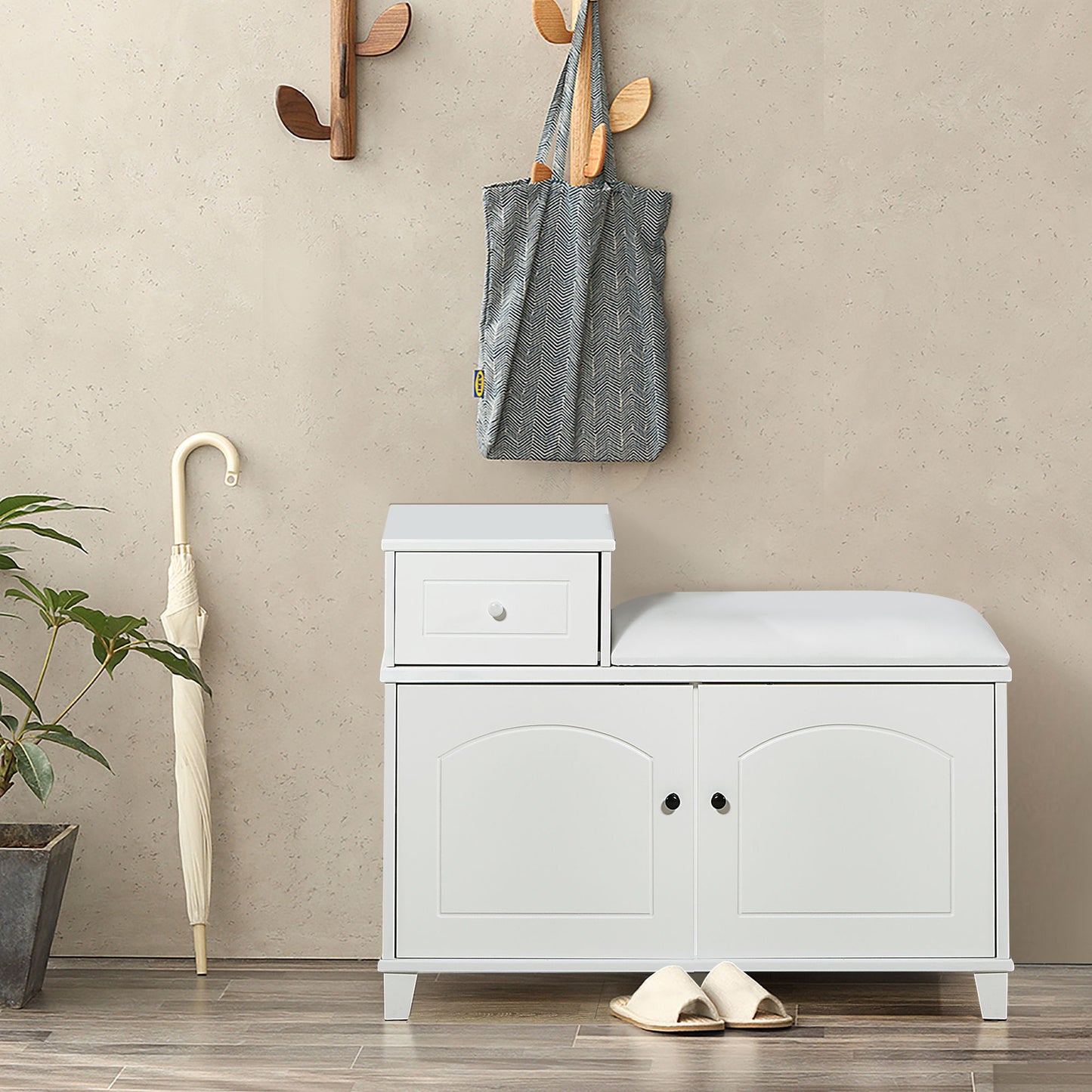 Shoe Storage Bench Cabinet With Fireproof Cushion, Double Doors And Movable Drawer For Door Entrance - White