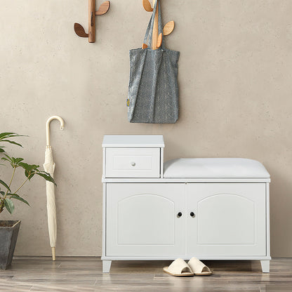 Shoe Storage Bench Cabinet With Fireproof Cushion, Double Doors And Movable Drawer For Door Entrance - White