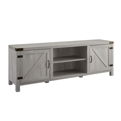 Rustic Farmhouse Double Barn Door 70" TV Stand For 80" TVs With Center Shelves - Stone Gray