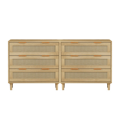 3 Drawers Rattan Storage Cabinet Rattan Drawer, For Bedroom, Living Room, Dining Room, Hallways (Set of 2) - Oak