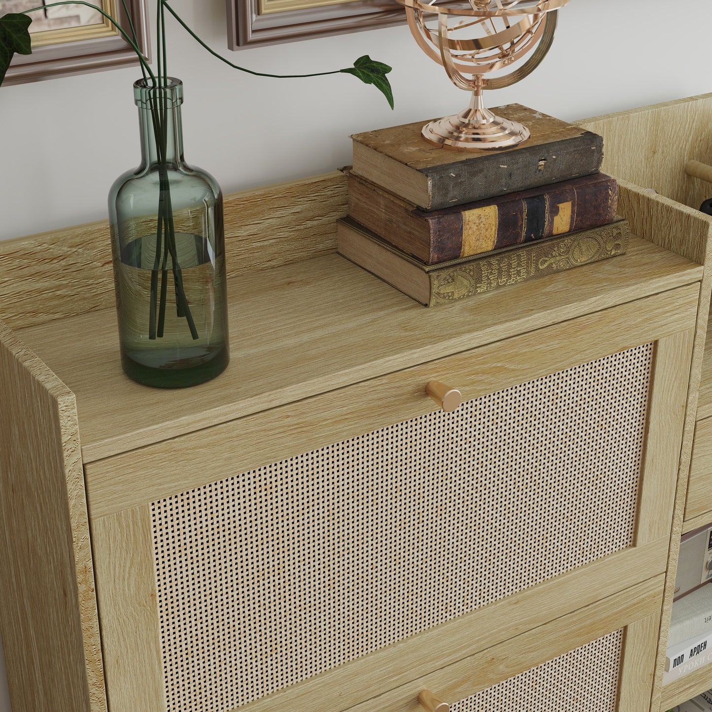 Natural Bohemia Style Shoe Cabinet, Shoe Rack Cabinet With 3 Rattan Flip Drawers, 3 Square Shelves And 1 Storage Drawer, Shoe Organizer With Mulit Storage Space And Hooks For Hallway, Entryway - Natural