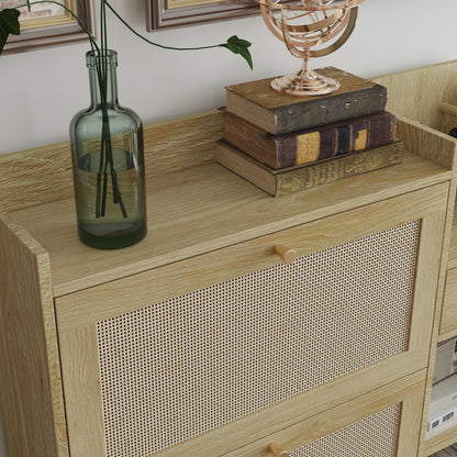 Natural Bohemia Style Shoe Cabinet, Shoe Rack Cabinet With 3 Rattan Flip Drawers, 3 Square Shelves And 1 Storage Drawer, Shoe Organizer With Mulit Storage Space And Hooks For Hallway, Entryway - Natural