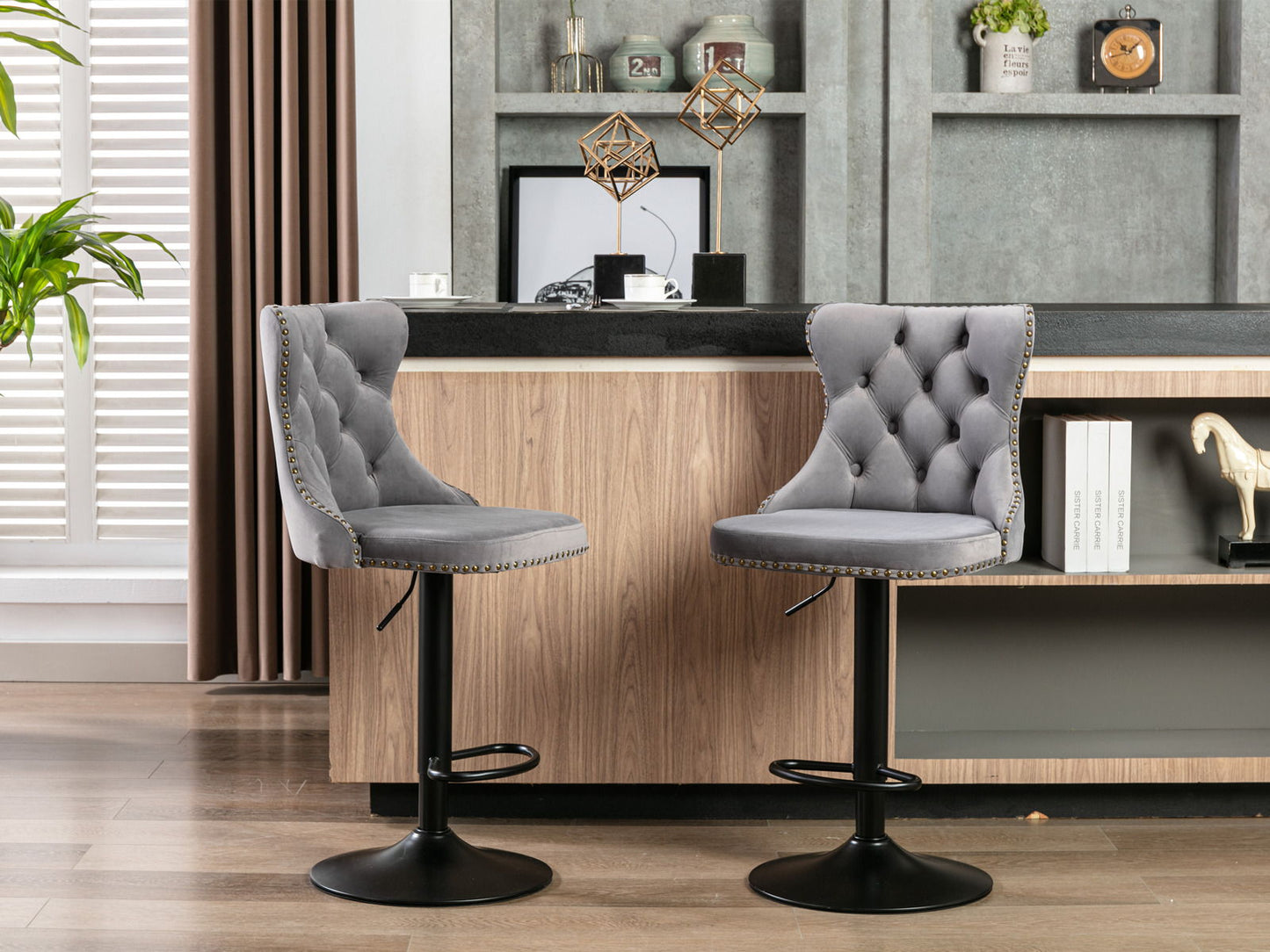 Swivel Velvet Barstools Adjusatble Seat Height , Modern Upholstered Bar Stools With Backs Comfortable Tufted For Home Pub And Kitchen Island (Set of 2) - Gray