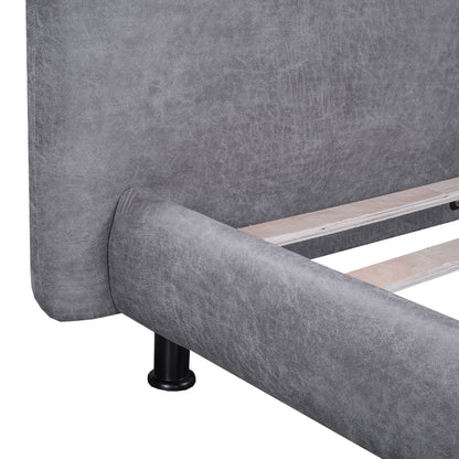 Queen Size Upholstered Platform Bed With 2 Large Headrests And Thick - Gray