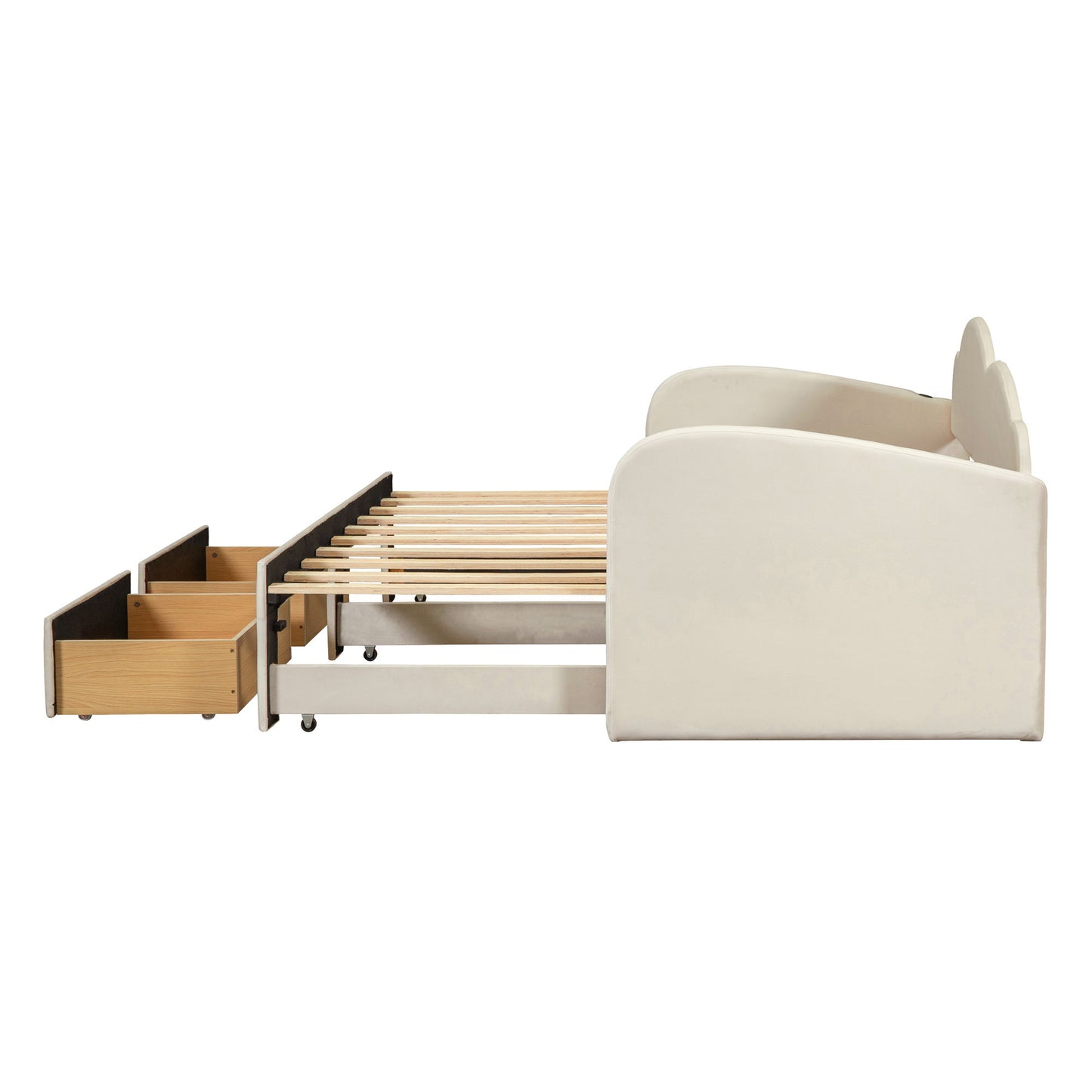 Twin Size Upholstered Daybed With Cloud-Shaped Backrest, Trundle & 2 Drawers And USB Ports - Beige