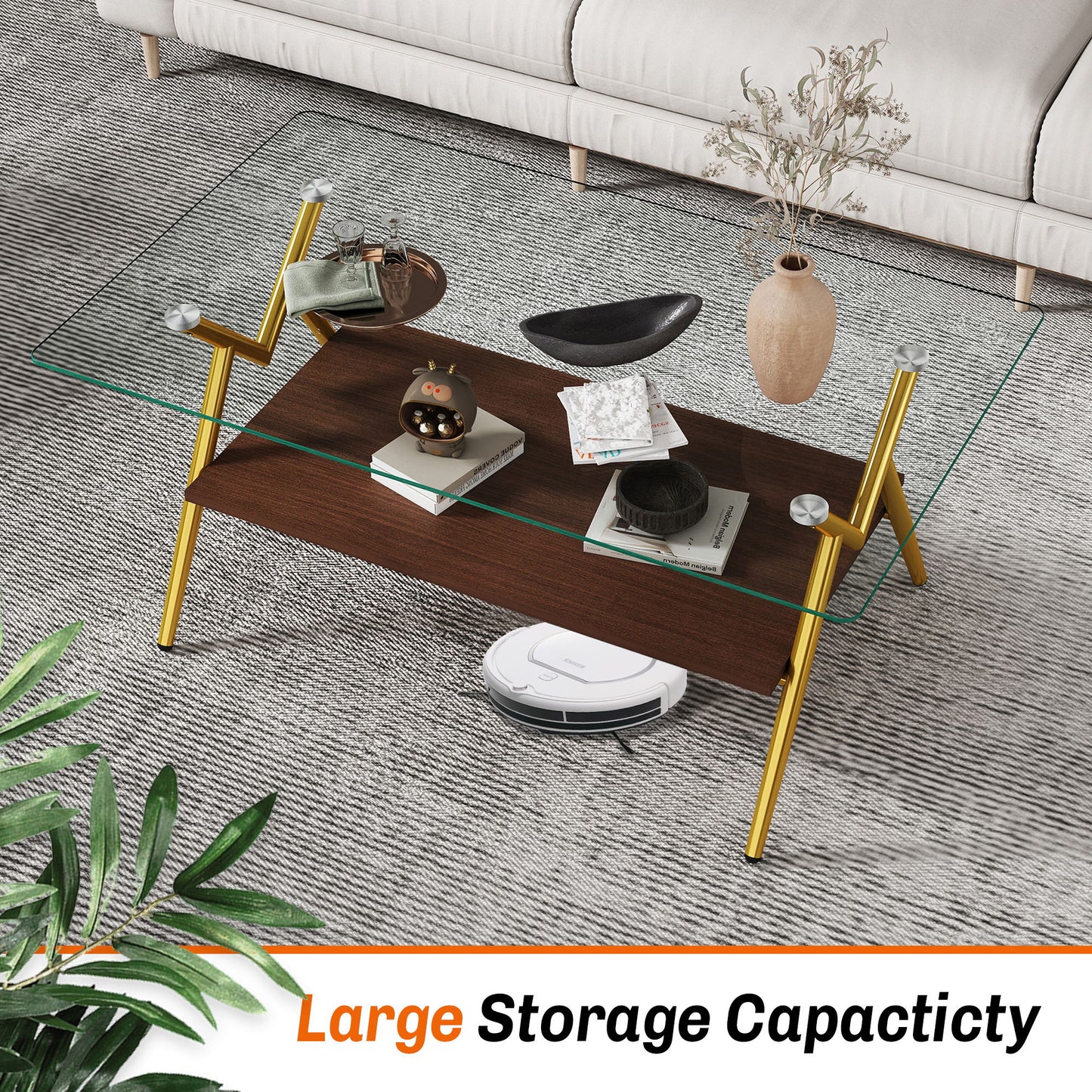 Rectangle Coffee Table With Tempered Glass Top And Golden Metal Legs, Modern Table For Living Room, Transparent Glass - Gold / Dark Brown