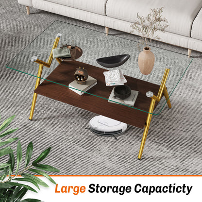 Rectangle Coffee Table With Tempered Glass Top And Golden Metal Legs, Modern Table For Living Room, Transparent Glass - Gold / Dark Brown