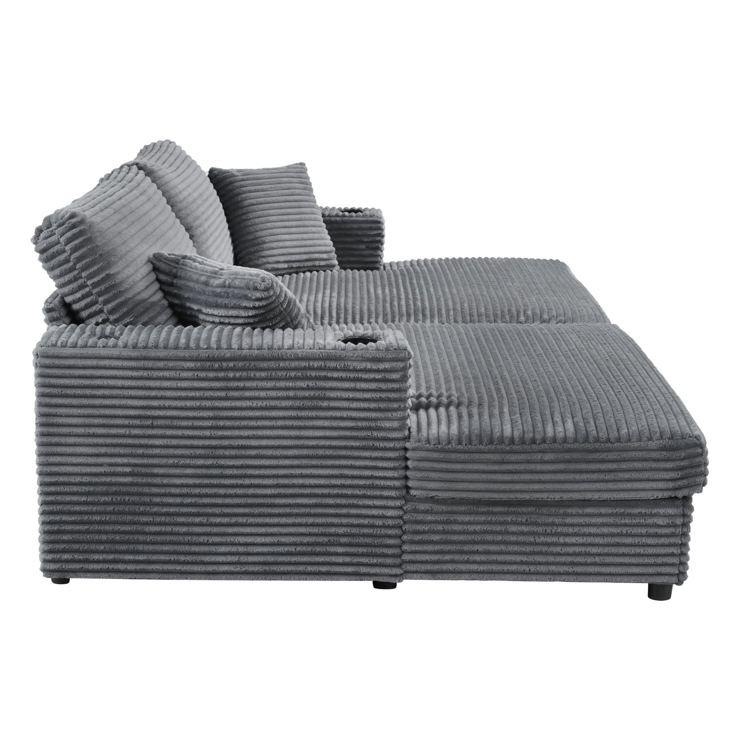 Oversized Loveseat Chaise Lounge Sectional Sofa Bed Corduroy Sleeper Sofa With 2 USB Ports, 2 Cup Holders And 2 Throw Pillows For Living Room And Bedroom - Dark Gray