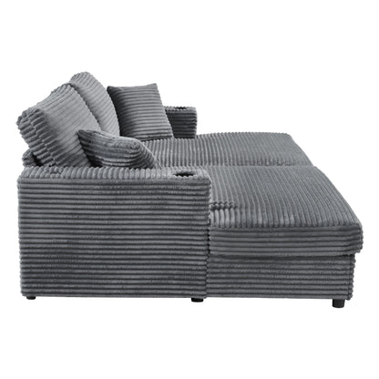 Oversized Loveseat Chaise Lounge Sectional Sofa Bed Corduroy Sleeper Sofa With 2 USB Ports, 2 Cup Holders And 2 Throw Pillows For Living Room And Bedroom - Dark Gray