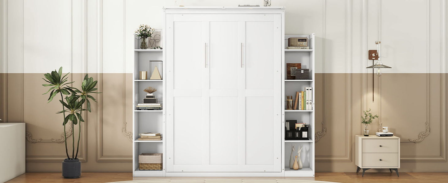 Full Size Murphy Wall Bed With Shelves And LED Lights - White