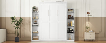 Full Size Murphy Wall Bed With Shelves And LED Lights - White