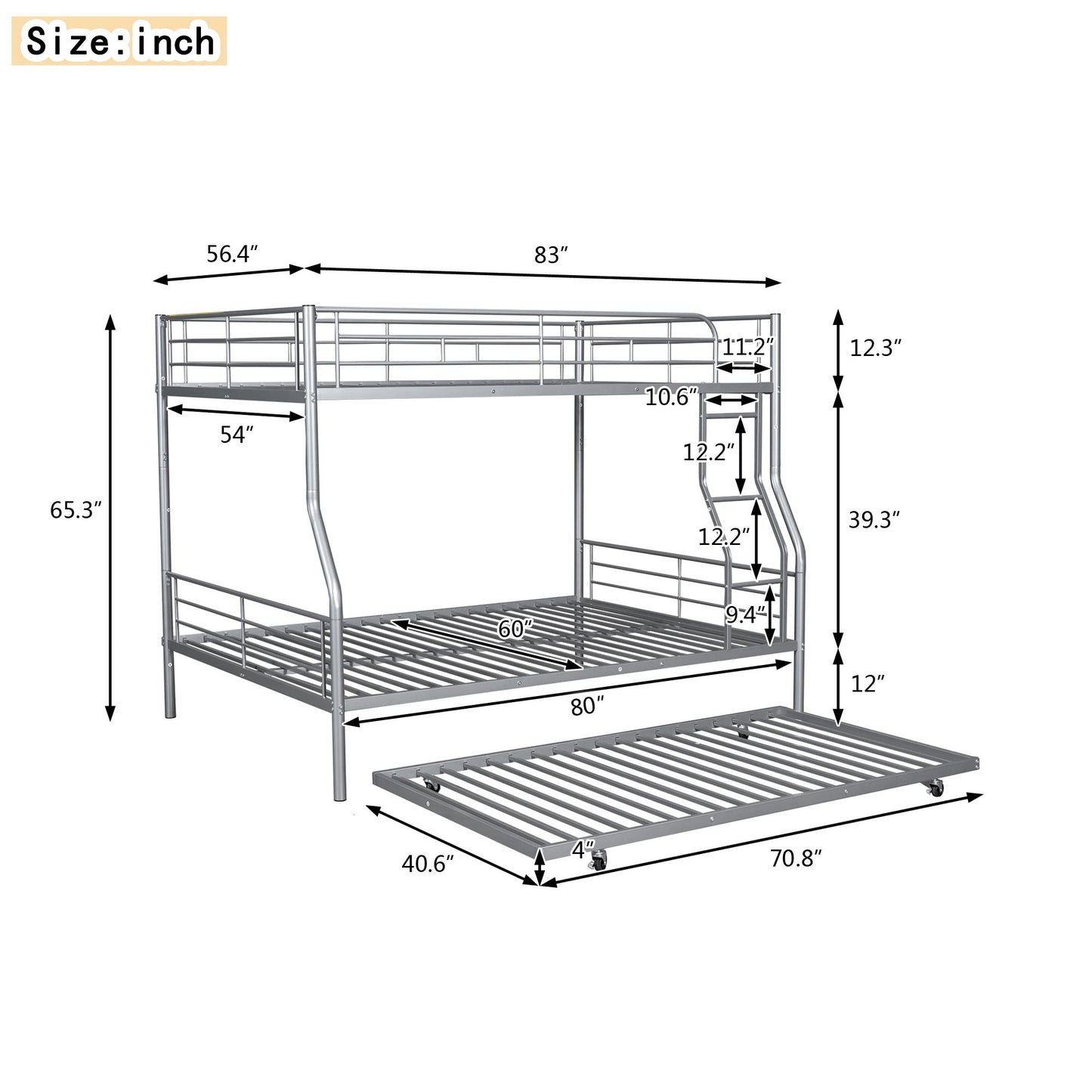 Full Long Over Queen Metal Bunk Bed With Trundle - Silver