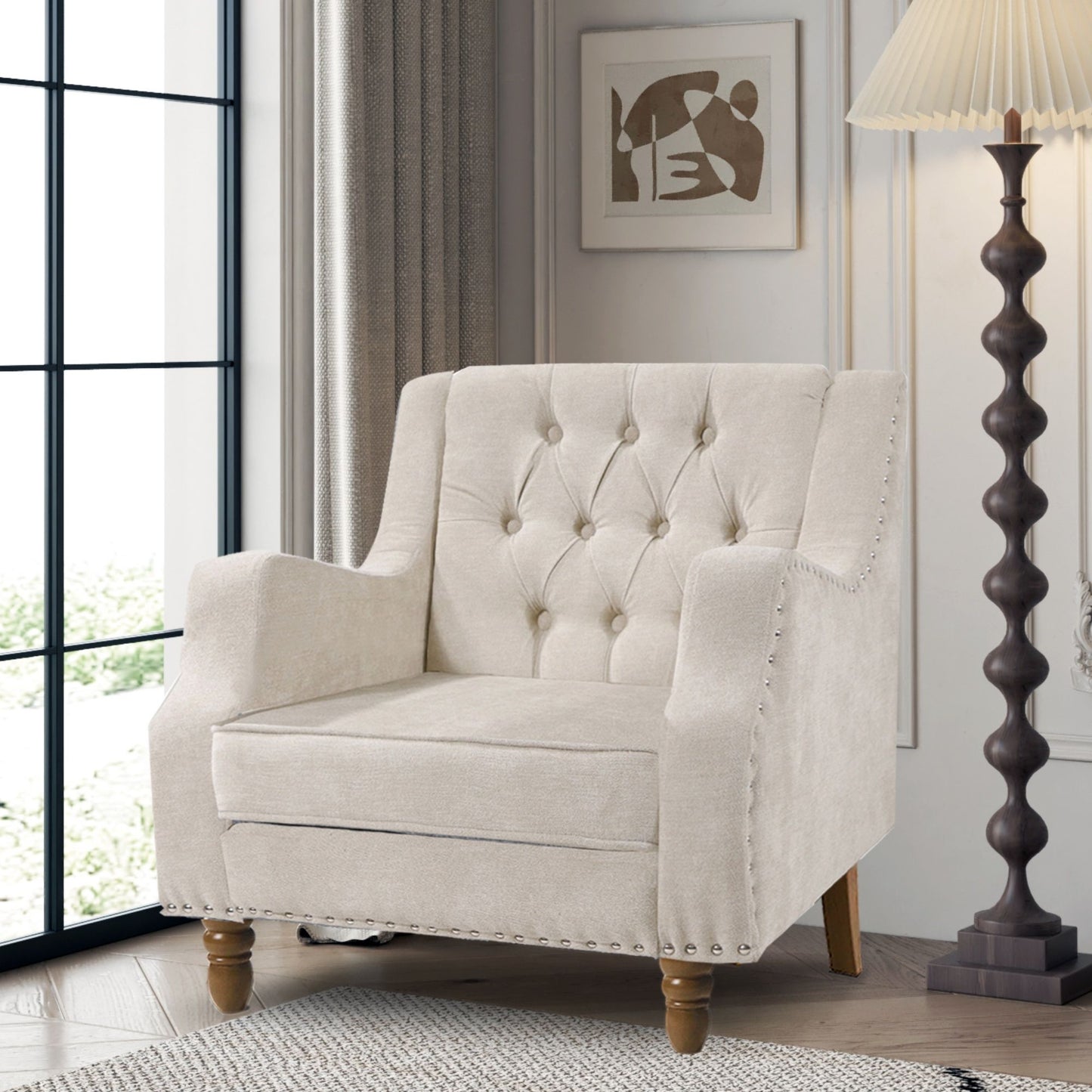 Accent Chair, Living Room Chair, Footrest Chair Set With Vintage Brass Studs, Button Tufted Upholstered Armchair For Living Room, Comfy Reading Chair For Bedroom, Reception Room - Beige