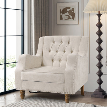 Accent Chair, Living Room Chair, Footrest Chair Set With Vintage Brass Studs, Button Tufted Upholstered Armchair For Living Room, Comfy Reading Chair For Bedroom, Reception Room - Beige