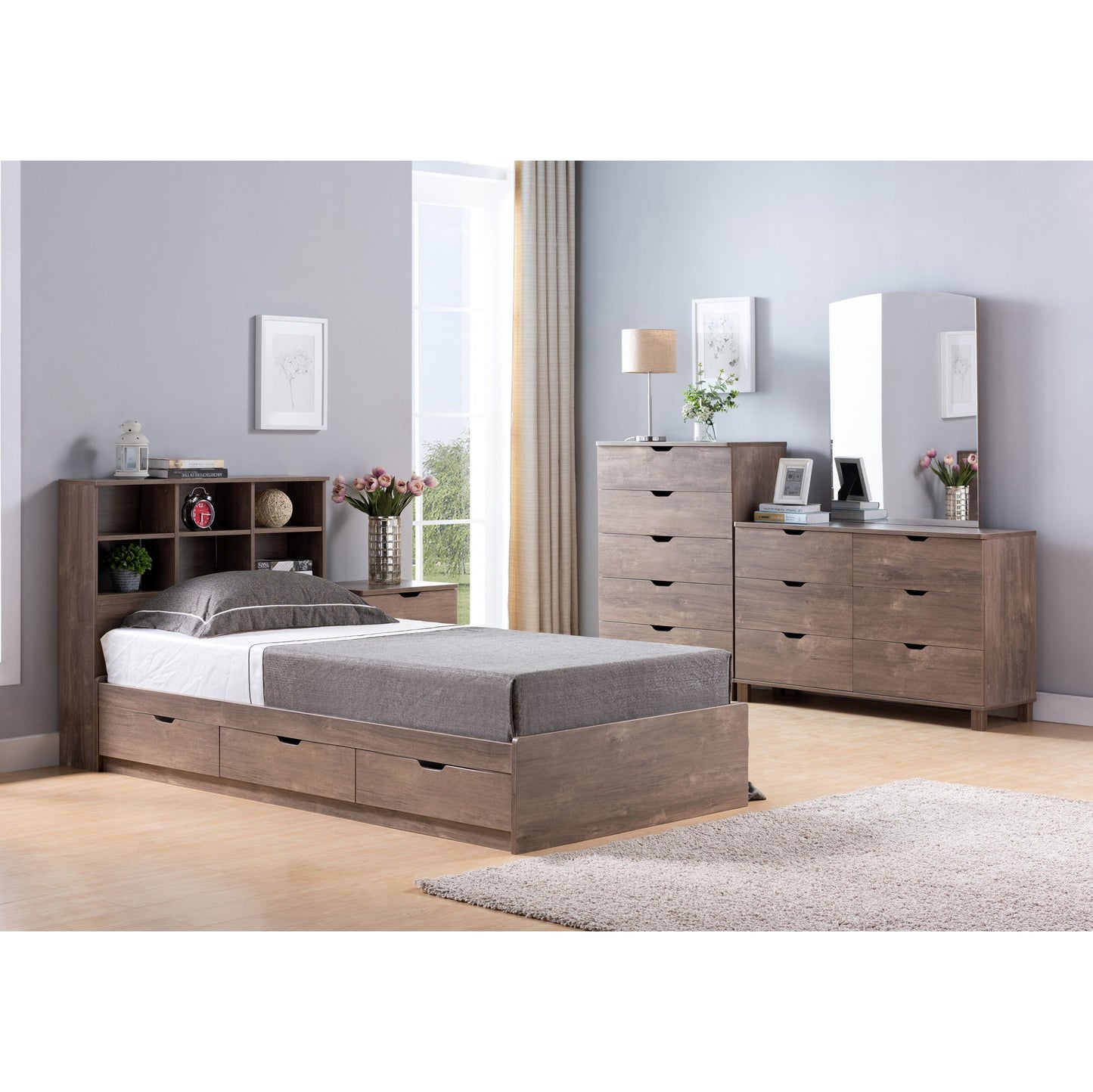 Full Bookcase Headboard 6 Shelves 3 Shelves Adjustable Top Panel Rounded Corners - Hazelnut