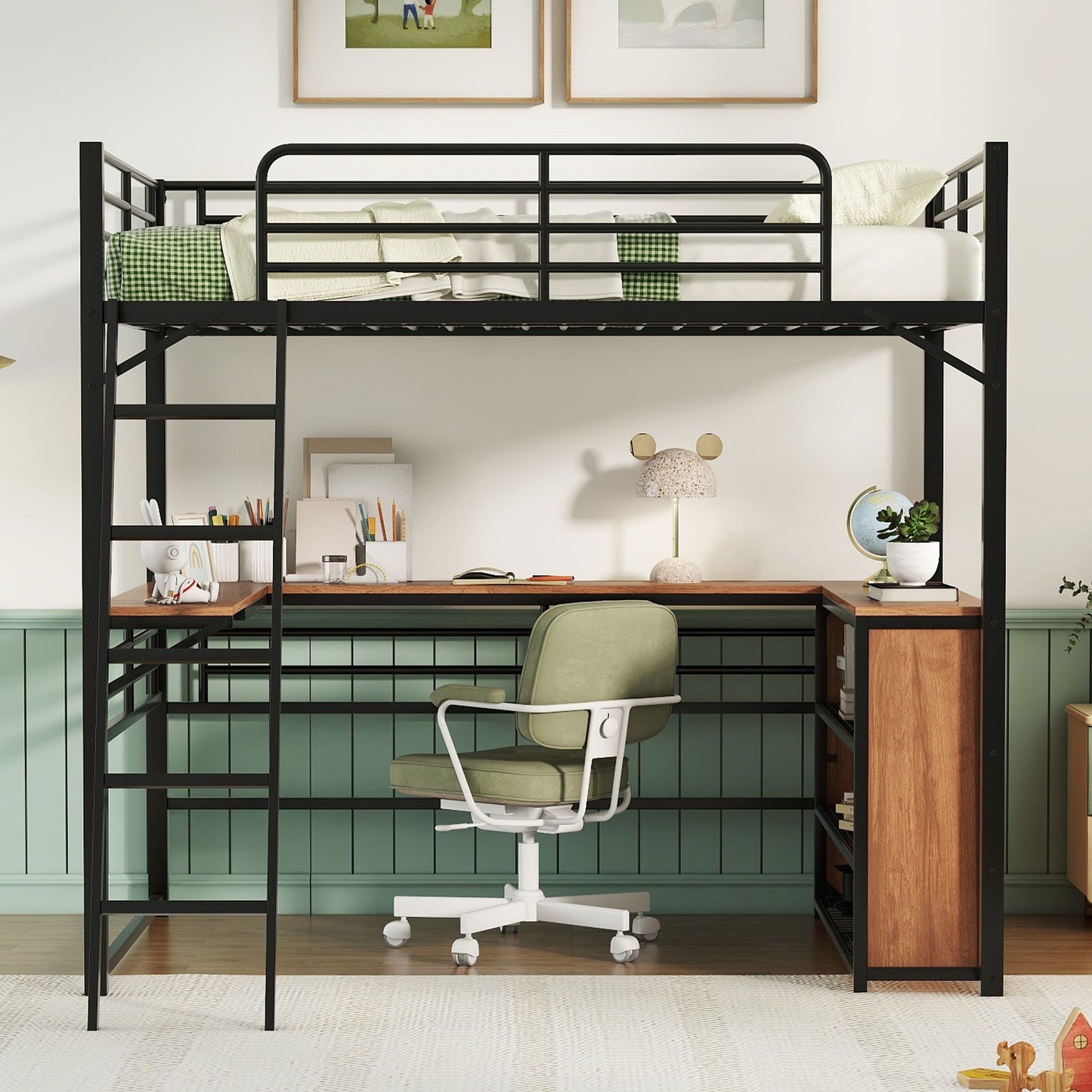 Full Size Loft Bed With 3 Layers Of Shelves And L-Shaped Desk - Black